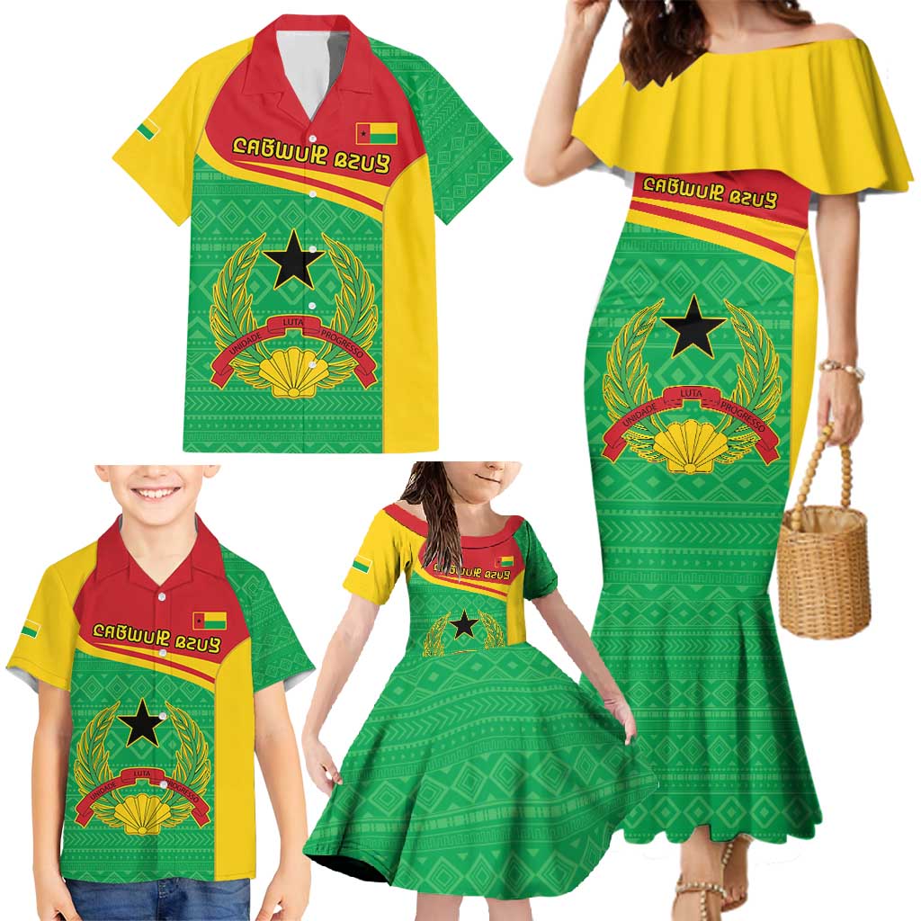 Personalised Guinea Bissau Family Matching Mermaid Dress and Hawaiian Shirt Coat Of Arms - African Pattern - Wonder Print Shop