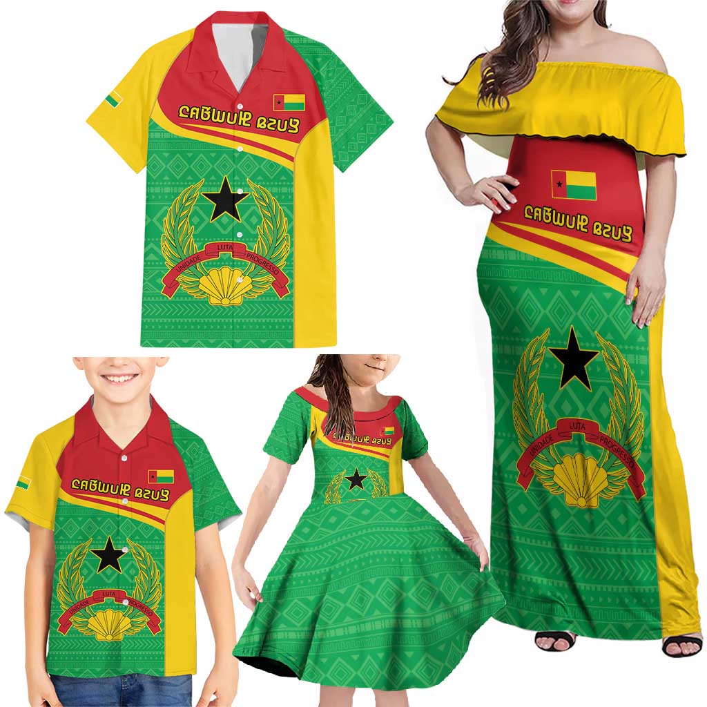 Personalised Guinea Bissau Family Matching Off Shoulder Maxi Dress and Hawaiian Shirt Coat Of Arms - African Pattern - Wonder Print Shop