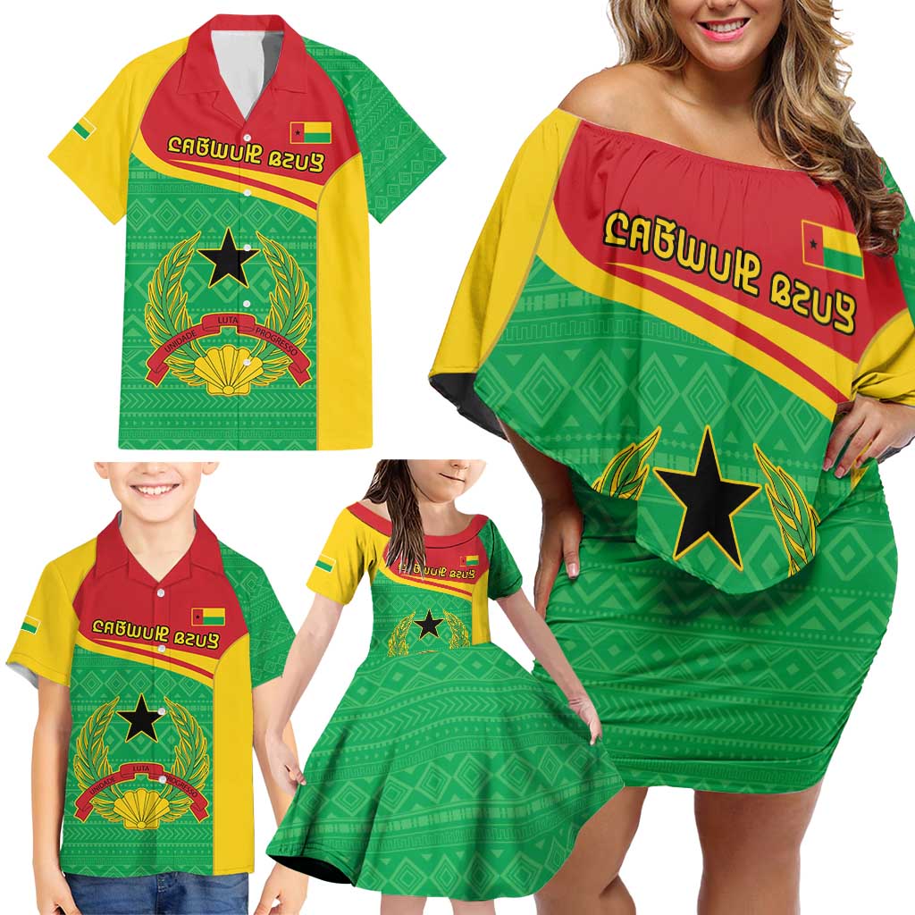 Personalised Guinea Bissau Family Matching Off Shoulder Short Dress and Hawaiian Shirt Coat Of Arms - African Pattern - Wonder Print Shop