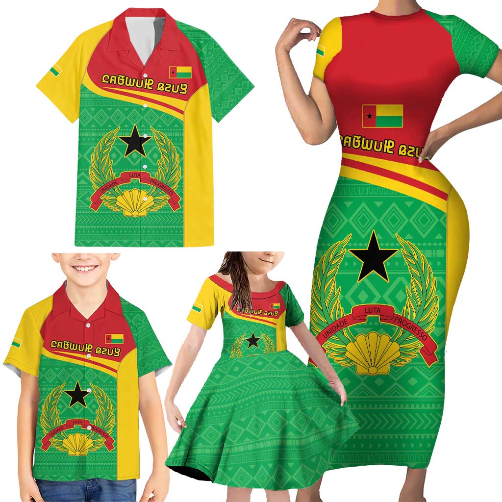 Personalised Guinea Bissau Family Matching Short Sleeve Bodycon Dress and Hawaiian Shirt Coat Of Arms - African Pattern - Wonder Print Shop