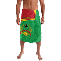 Green African pattern lavalava shorts with crest and yellow-red waist panel