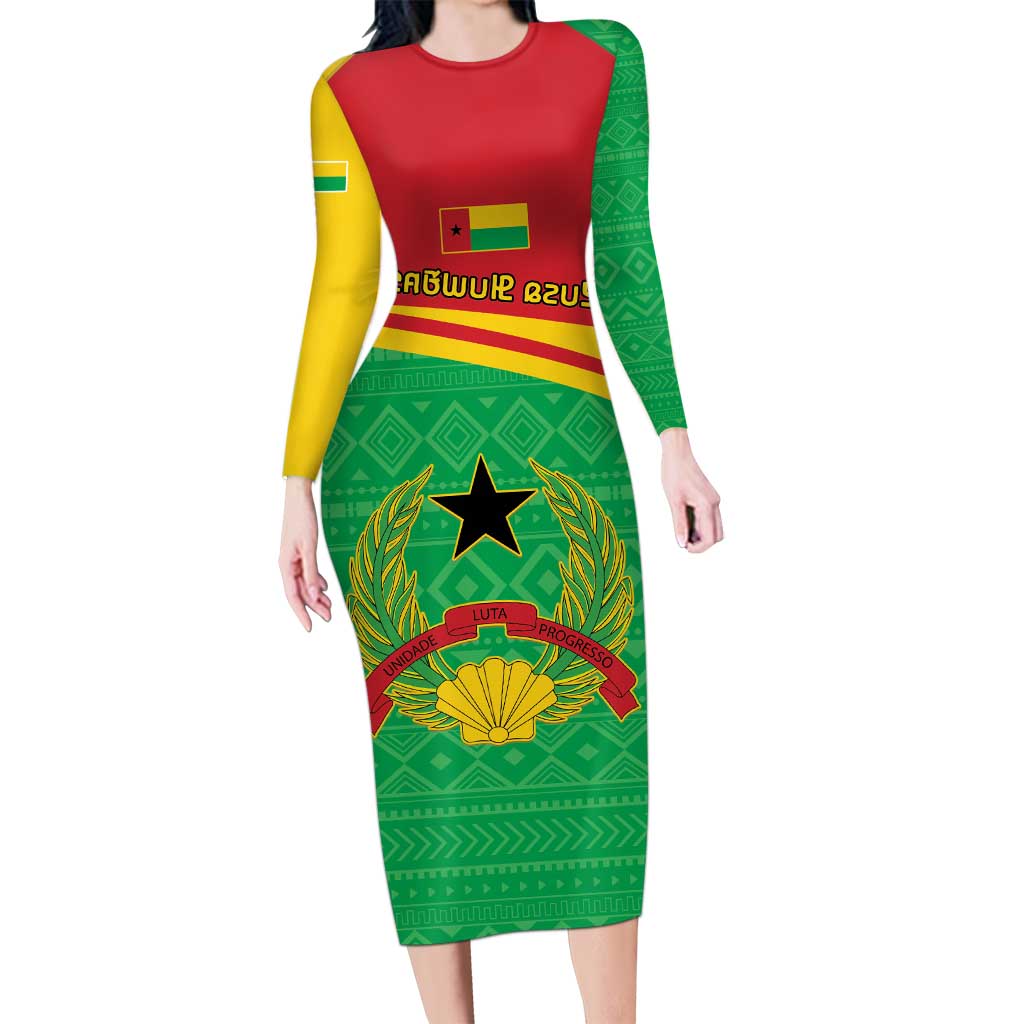 Personalised Guinea Bissau Long Sleeve Bodycon Dress Coat Of Arms - African Pattern - Wonder Print Shop