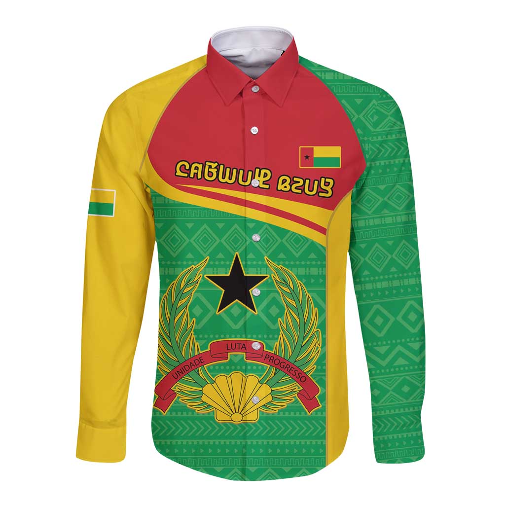 Green long-sleeve button shirt coat with crest, flag bands, and decorative pattern