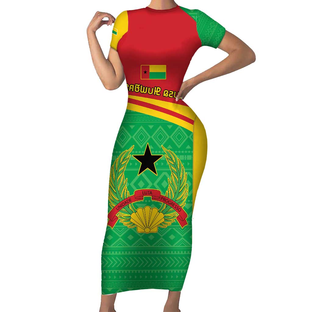 Personalised Guinea Bissau Short Sleeve Bodycon Dress Coat Of Arms - African Pattern - Wonder Print Shop