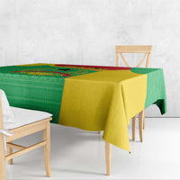 Personalised Guinea-Bissau tablecloth over bench, green geometric panel and yellow drop.