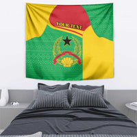 Rectangular wall tapestry with coat of arms crest and 'YOUR TEXT' banner, green and yellow