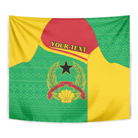 Close-up wall tapestry with coat of arms crest and 'YOUR TEXT' banner, green and yellow fabric