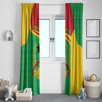 Two hanging flag curtains with coat of arms and laurel, green and yellow with red accents