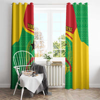 Flag curtains with rod hooks and coat of arms; yellow, green patterned and red sections