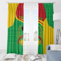 Rod-hung flag curtains with coat of arms; green and yellow panels with red banner