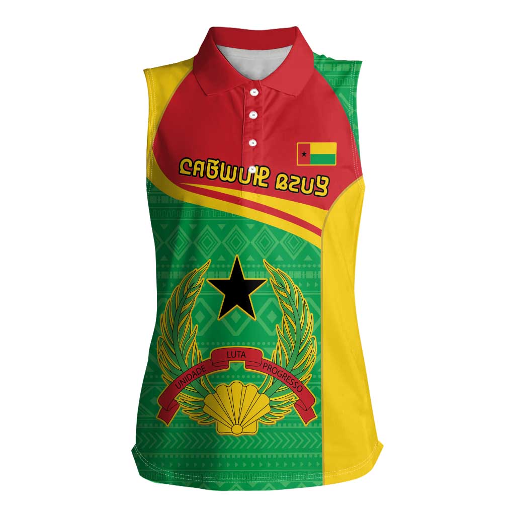 Personalised Guinea Bissau Women Sleeveless Polo Shirt Coat Of Arms - African Pattern - Wonder Print Shop