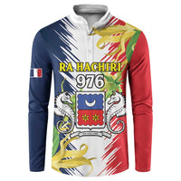 Button-front sweatshirt with bold front graphic in dark blue, red, and white