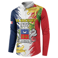 Button-front sweatshirt front crest graphic with dark blue, red, and white colors
