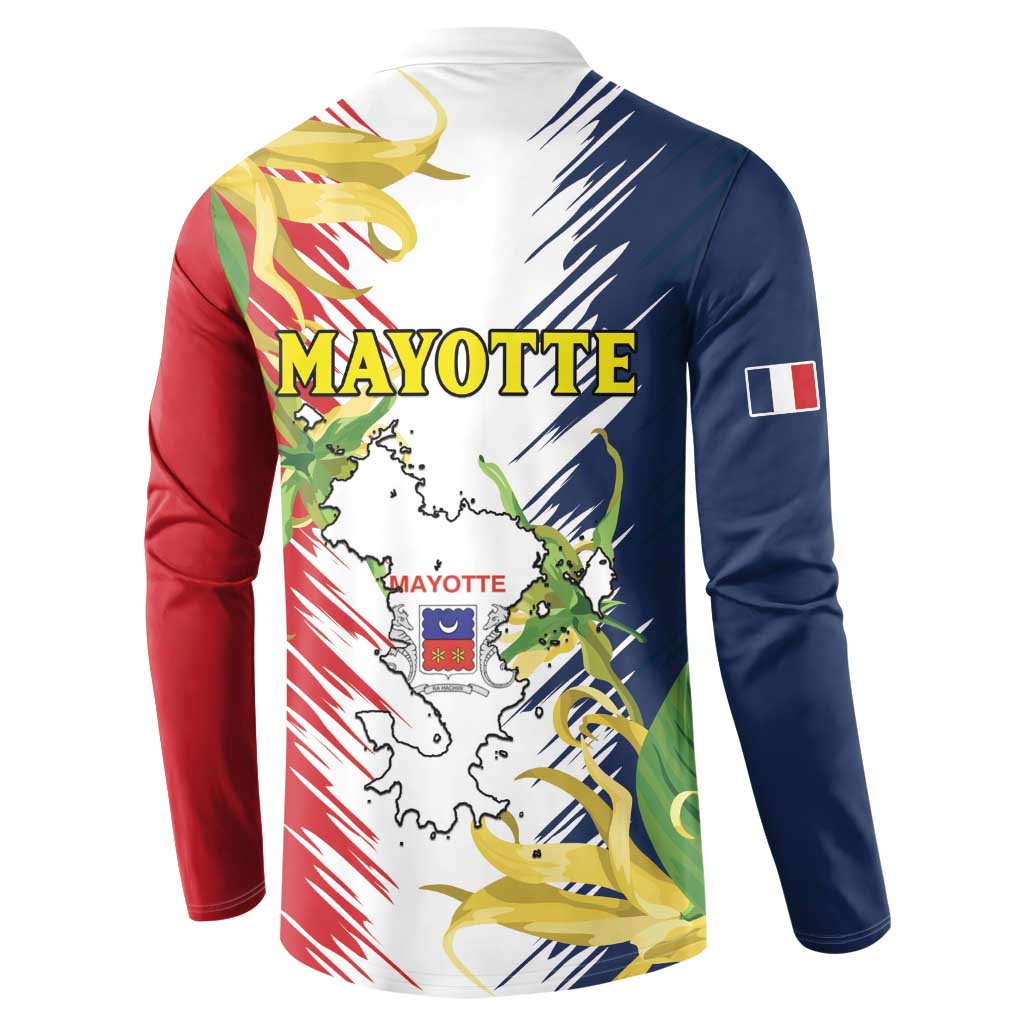 Button-front sweatshirt back graphic with MAYOTTE text in red, dark blue, and white