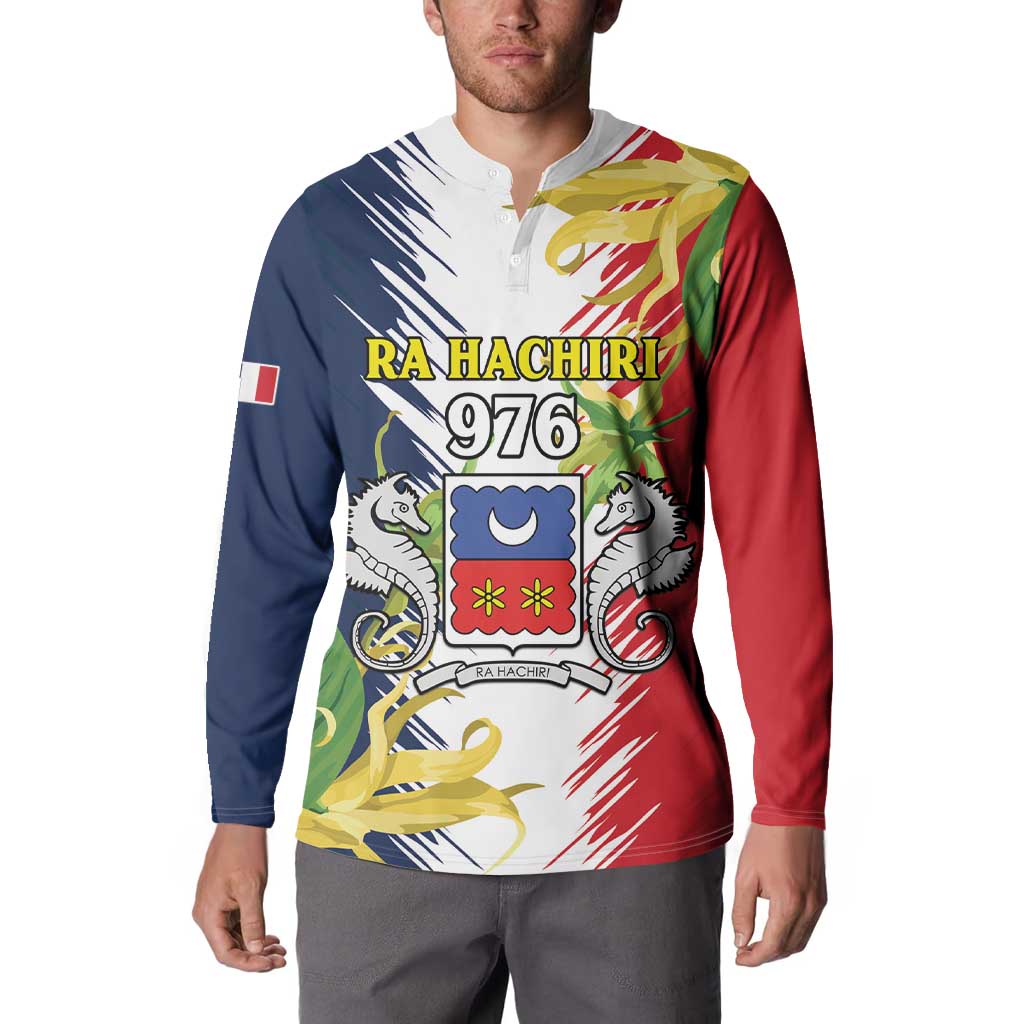 Button-front sweatshirt with large front crest print and button placket, blue/red/white
