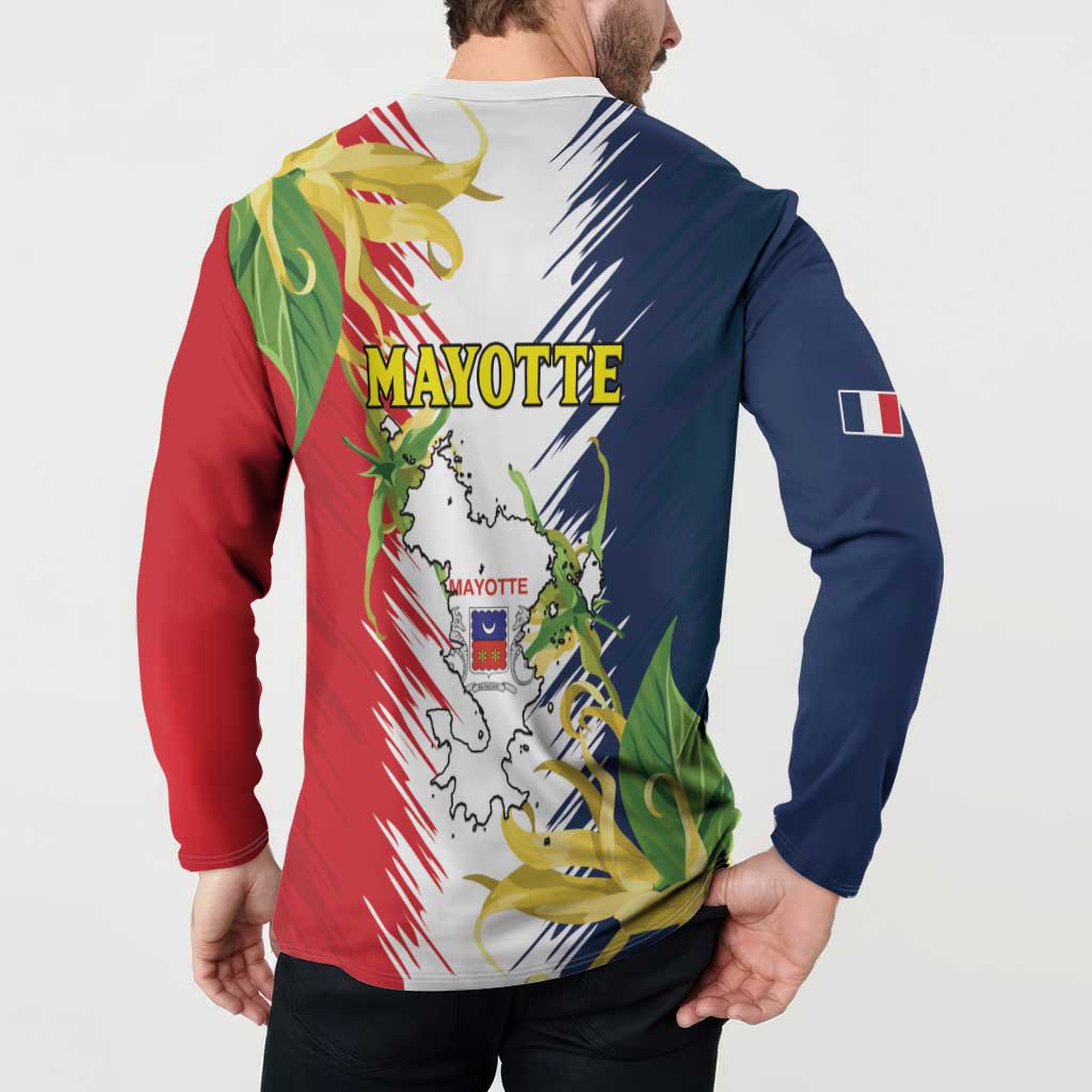 Button-front sweatshirt back graphic with MAYOTTE map print and dark blue/red sleeves