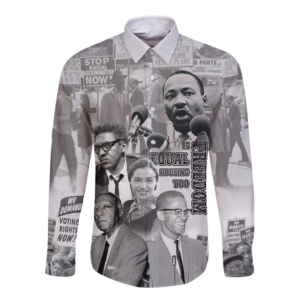 White long sleeve button shirt with civil rights leader collage and 'Equal Housing' graphic