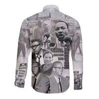 White long sleeve button shirt with leader portraits, microphones, and 'Equal Housing' text