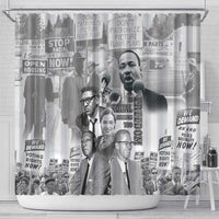 White shower curtain panel with central civil rights leader portrait and crowd protest signs