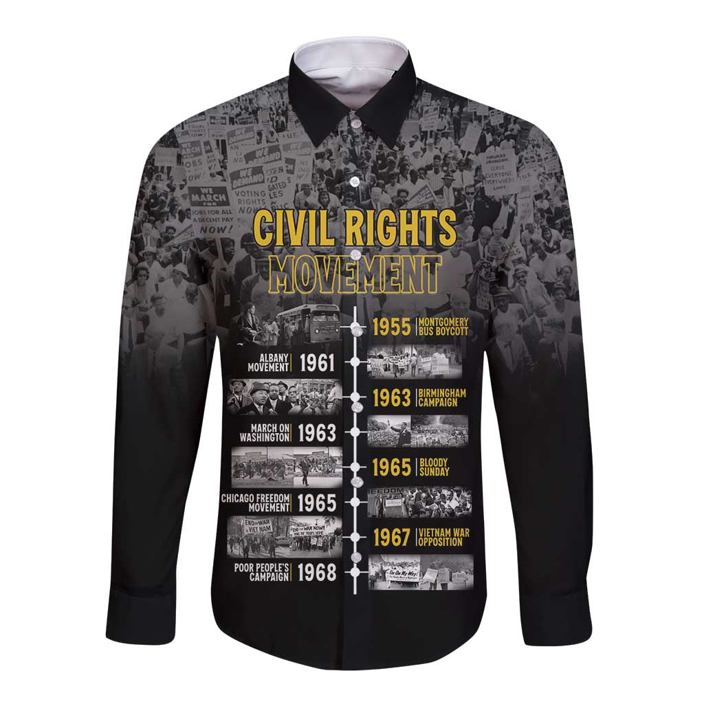 Black long-sleeve button shirt with front graphic panel and spread collar
