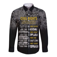 Black long-sleeve button shirt with front graphic panel and spread collar