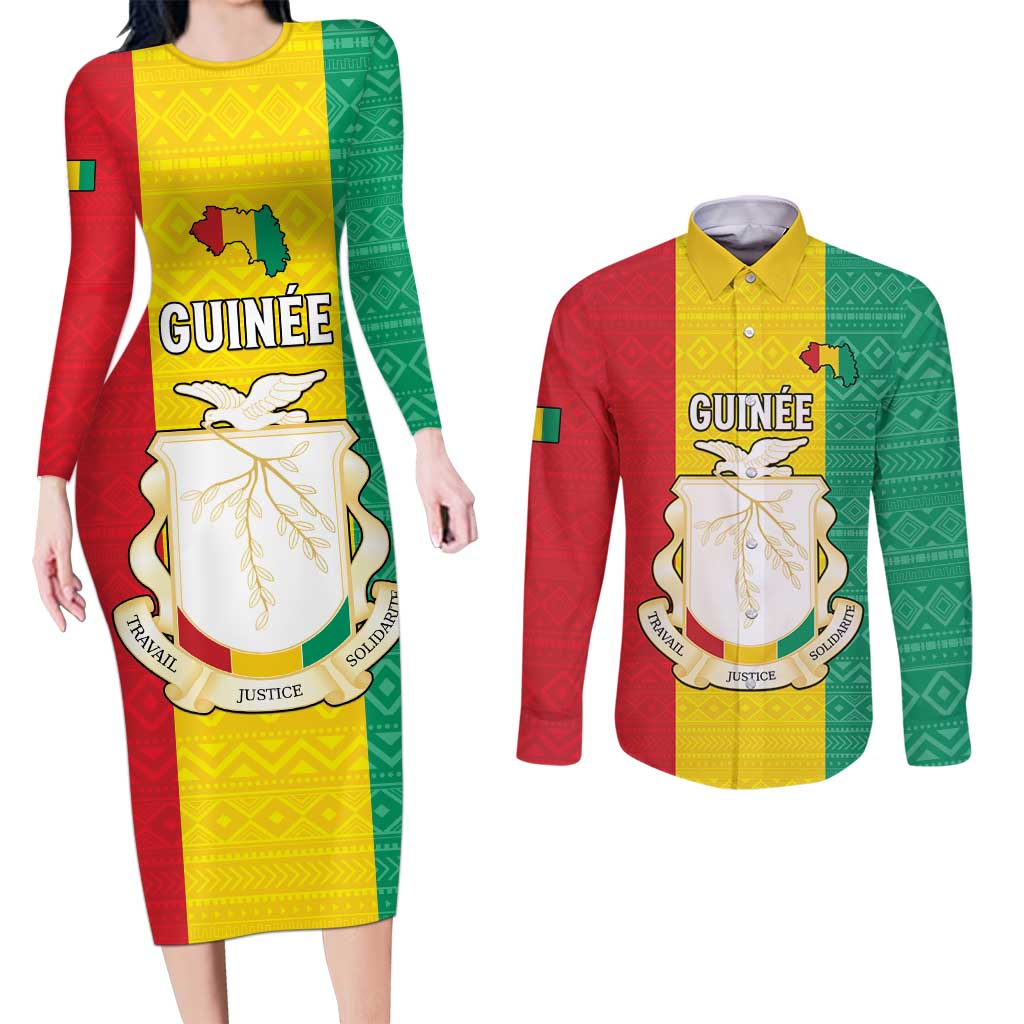 Personalised Guinea Couples Matching Long Sleeve Bodycon Dress and Long Sleeve Button Shirt Coat Of Arms Flag Style