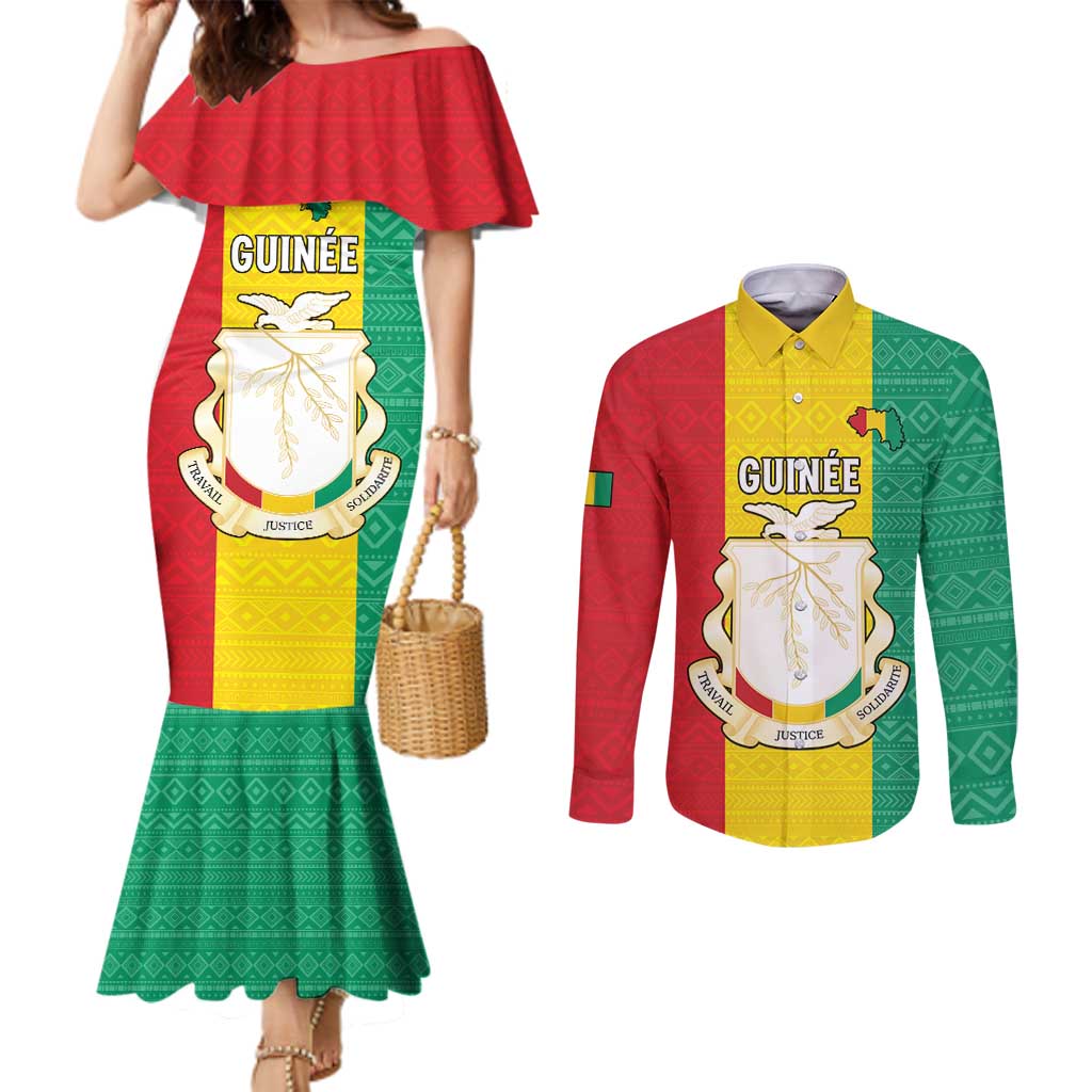 Personalised Guinea Couples Matching Mermaid Dress and Long Sleeve Button Shirt Coat Of Arms Flag Style