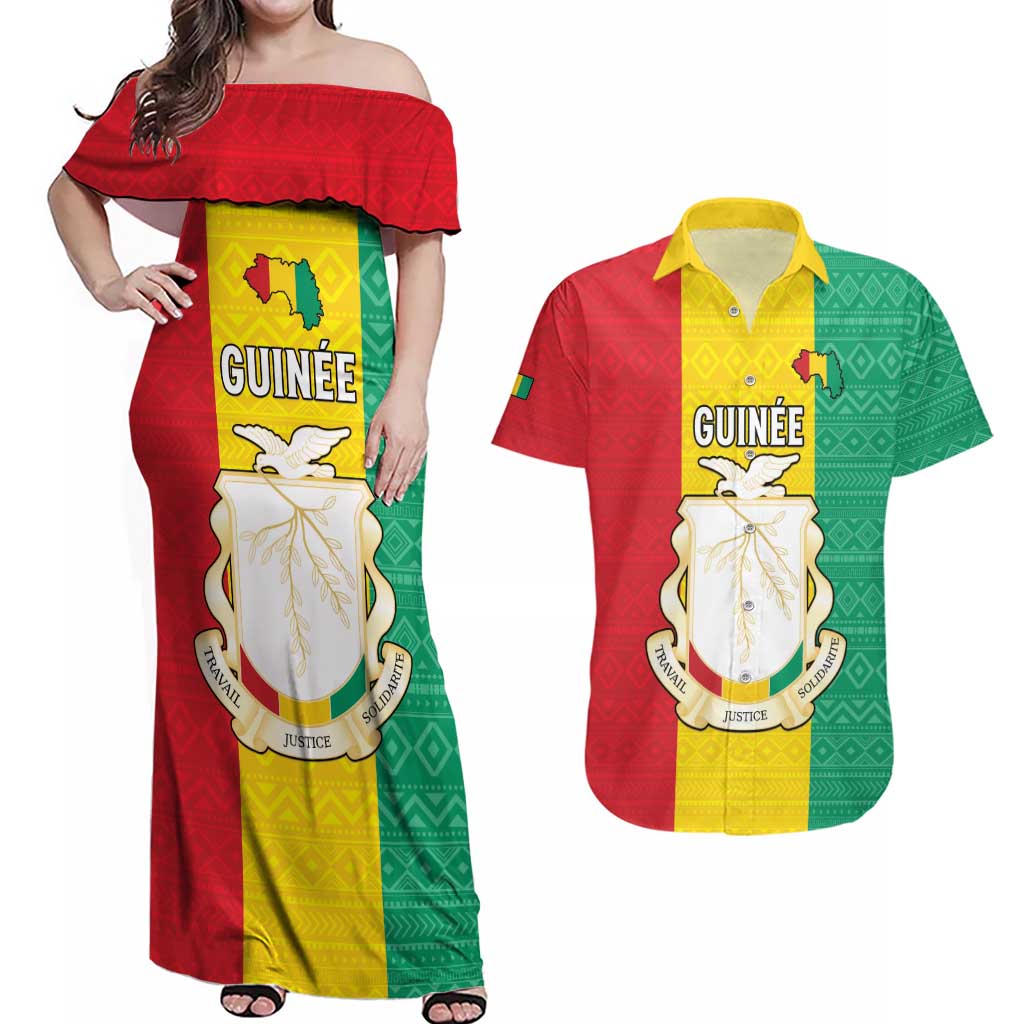 Personalised Guinea Couples Matching Off Shoulder Maxi Dress and Hawaiian Shirt Coat Of Arms Flag Style