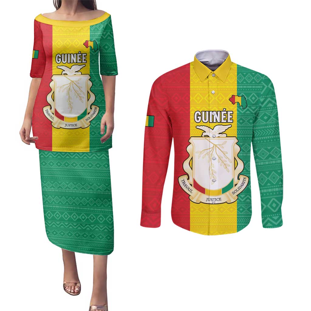 Personalised Guinea Couples Matching Puletasi and Long Sleeve Button Shirt Coat Of Arms Flag Style