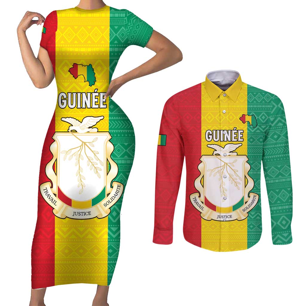 Personalised Guinea Couples Matching Short Sleeve Bodycon Dress and Long Sleeve Button Shirt Coat Of Arms Flag Style