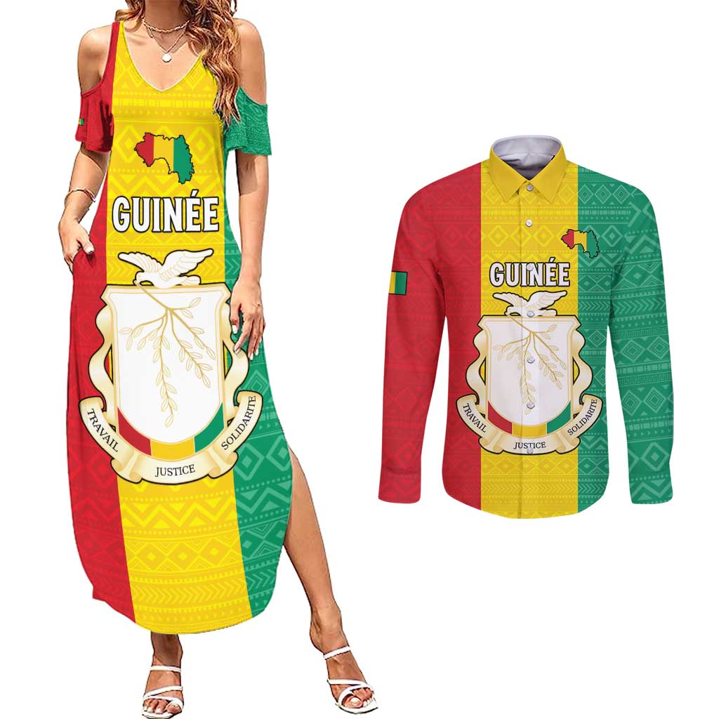 Personalised Guinea Couples Matching Summer Maxi Dress and Long Sleeve Button Shirt Coat Of Arms Flag Style