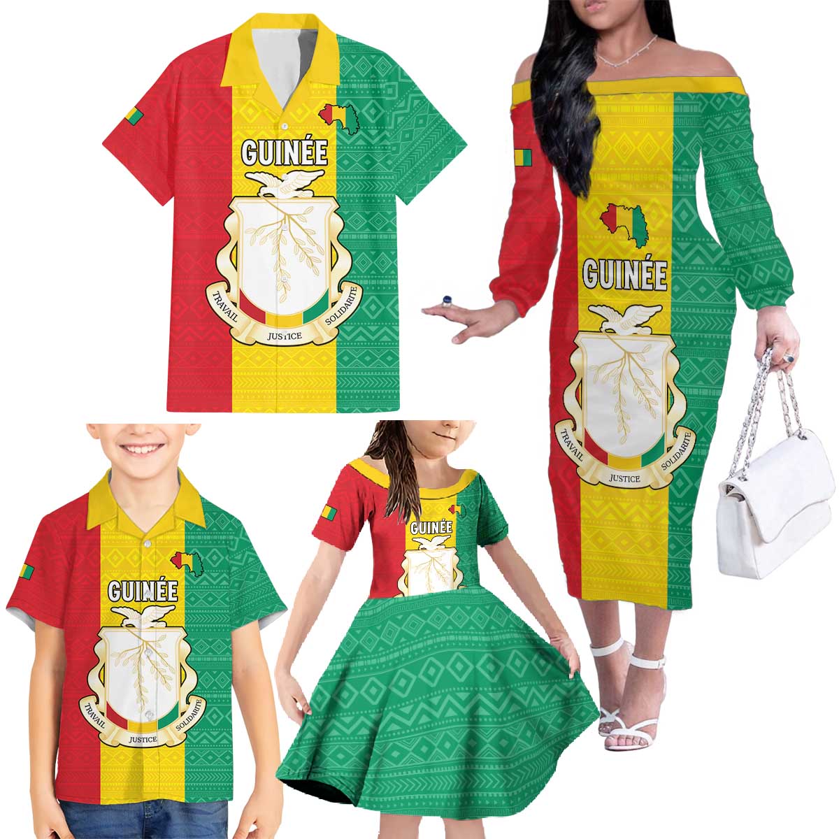 Personalised Guinea Family Matching Off The Shoulder Long Sleeve Dress and Hawaiian Shirt Coat Of Arms Flag Style