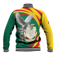Unisex varsity jacket back, coat-of-arms crest and white pigeon graphic, striped ribbing