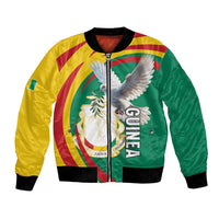 Unisex bomber jacket with Guinea emblem, pigeon graphic, front zipper; black rib trim