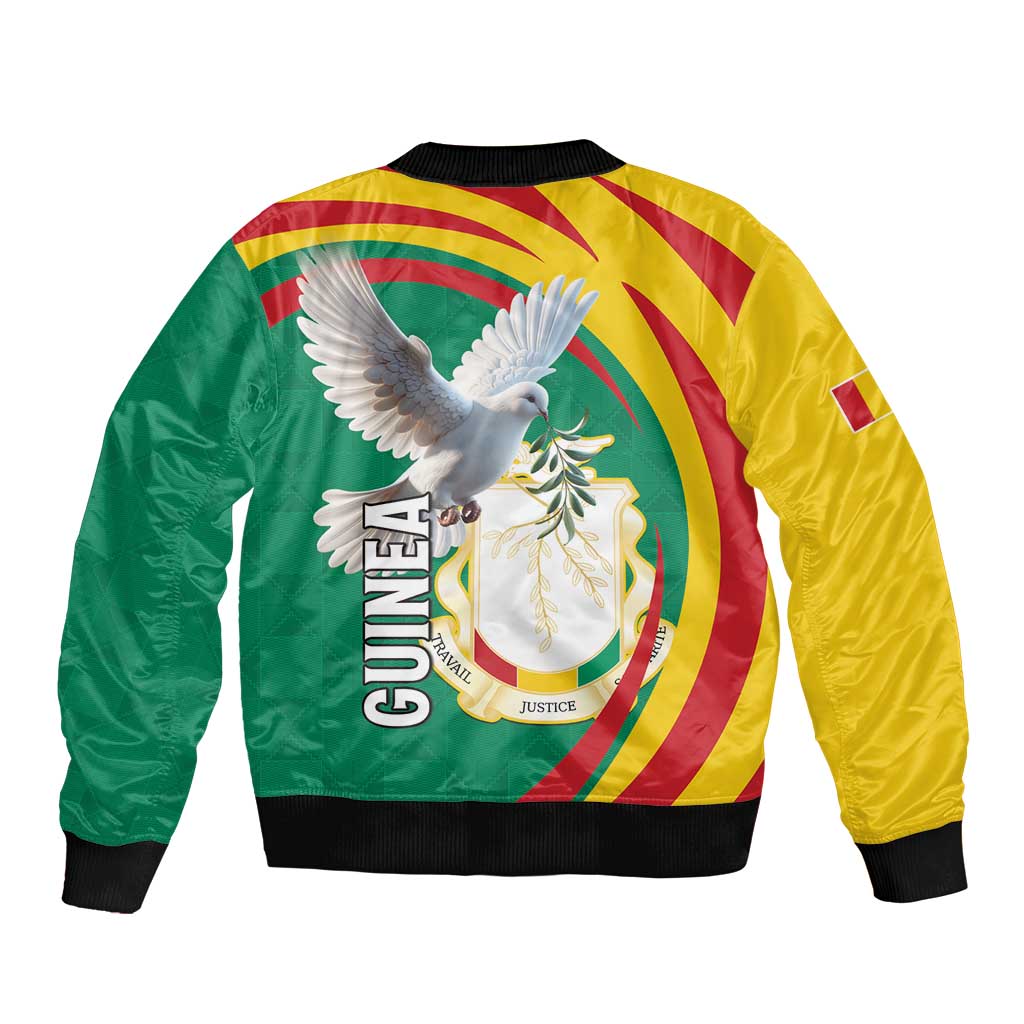 Unisex bomber jacket with back pigeon emblem and GUINEA text; black rib cuffs
