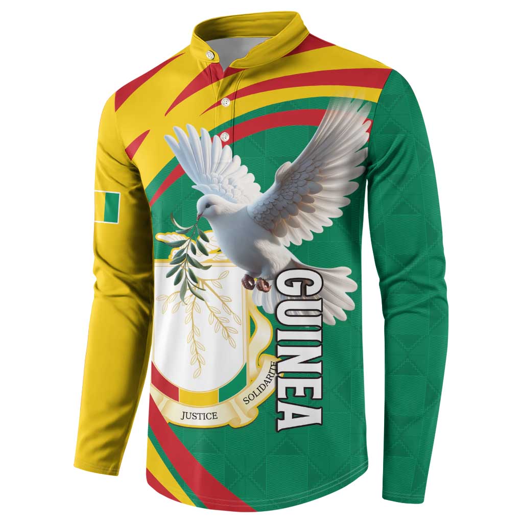 Green button sweatshirt with yellow sleeves, front graphic of coat of arms and pigeon