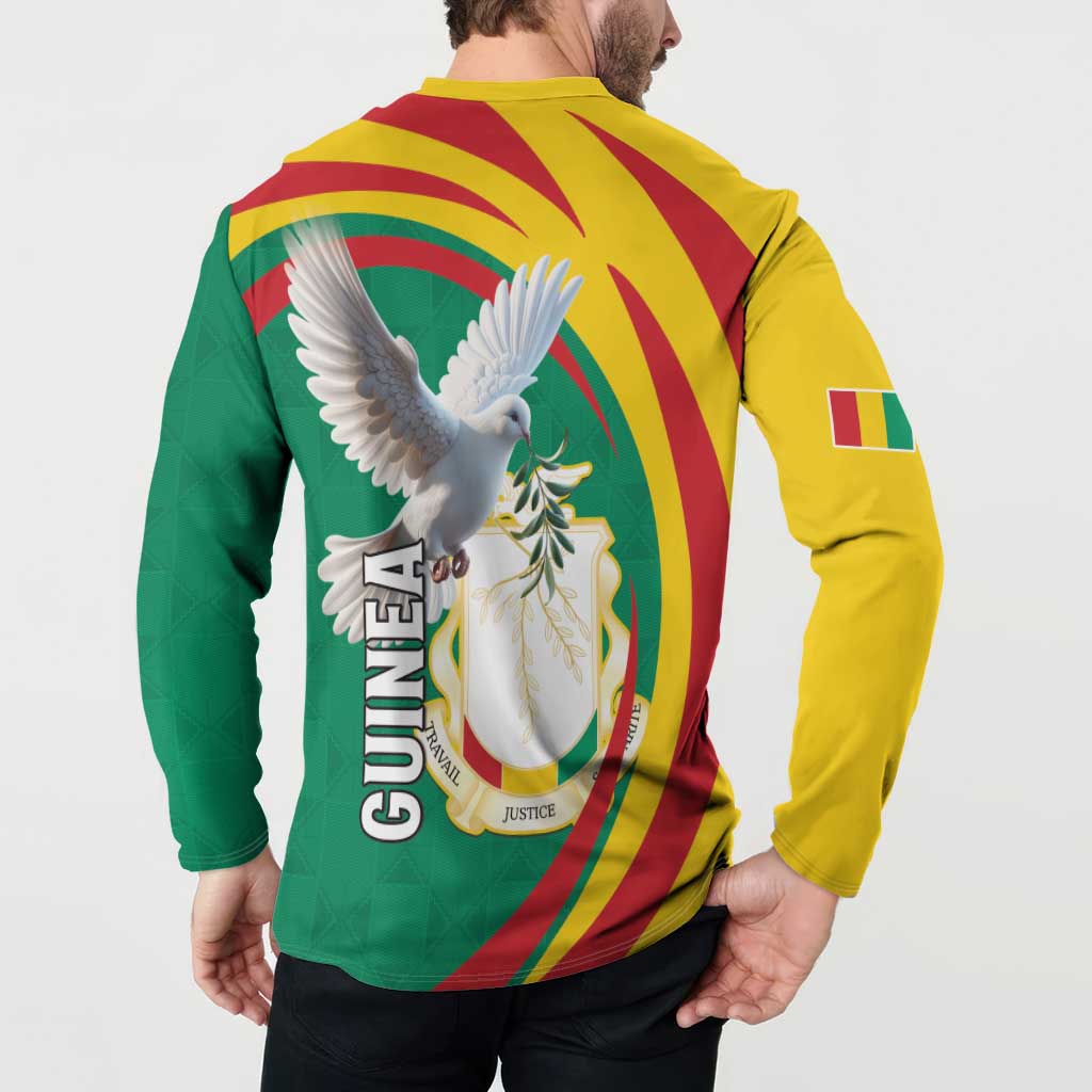 Green button sweatshirt back with yellow trim, GUINEA and coat of arms under pigeon