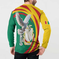 Green button sweatshirt back with yellow trim, GUINEA and coat of arms under pigeon