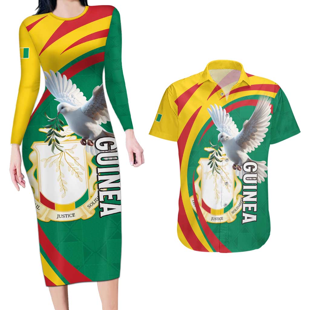 Guinea-Conakry Couples Matching Long Sleeve Bodycon Dress and Hawaiian Shirt Coat Of Arms With Pigeon