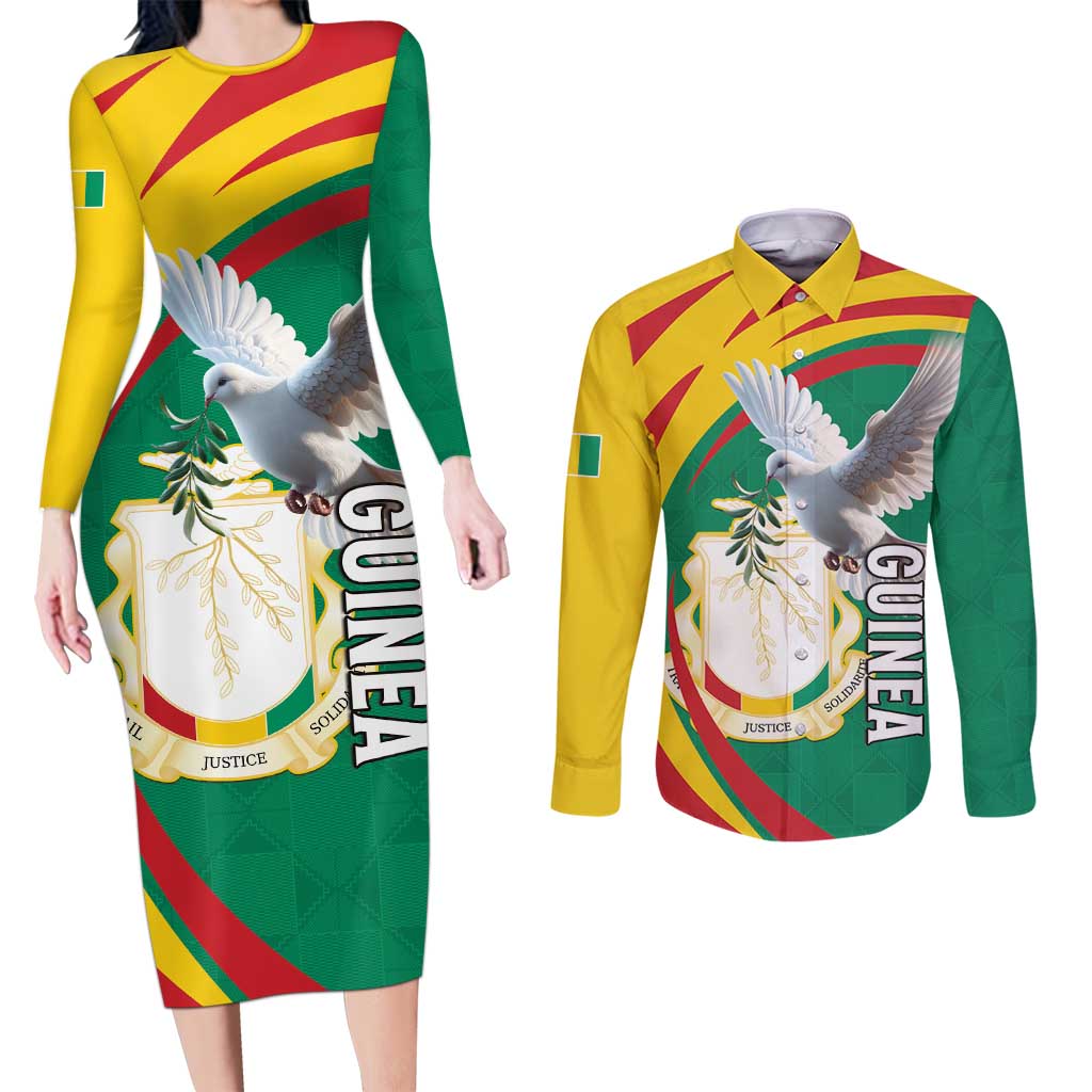 Guinea-Conakry Couples Matching Long Sleeve Bodycon Dress and Long Sleeve Button Shirt Coat Of Arms With Pigeon