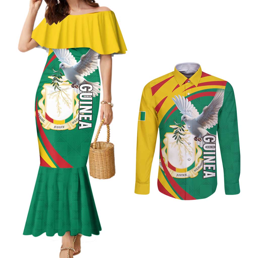 Guinea-Conakry Couples Matching Mermaid Dress and Long Sleeve Button Shirt Coat Of Arms With Pigeon