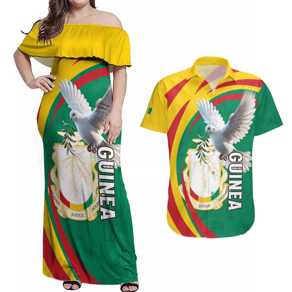 Guinea-Conakry Couples Matching Off Shoulder Maxi Dress and Hawaiian Shirt Coat Of Arms With Pigeon