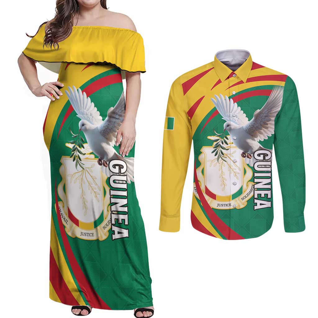 Guinea-Conakry Couples Matching Off Shoulder Maxi Dress and Long Sleeve Button Shirt Coat Of Arms With Pigeon