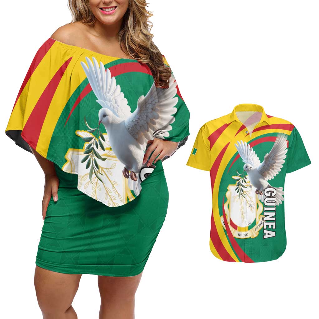 Guinea-Conakry Couples Matching Off Shoulder Short Dress and Hawaiian Shirt Coat Of Arms With Pigeon