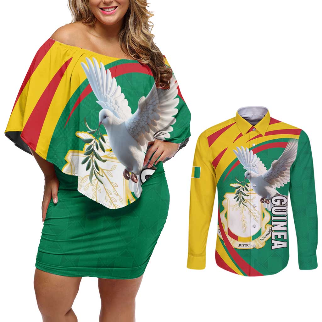 Guinea-Conakry Couples Matching Off Shoulder Short Dress and Long Sleeve Button Shirt Coat Of Arms With Pigeon