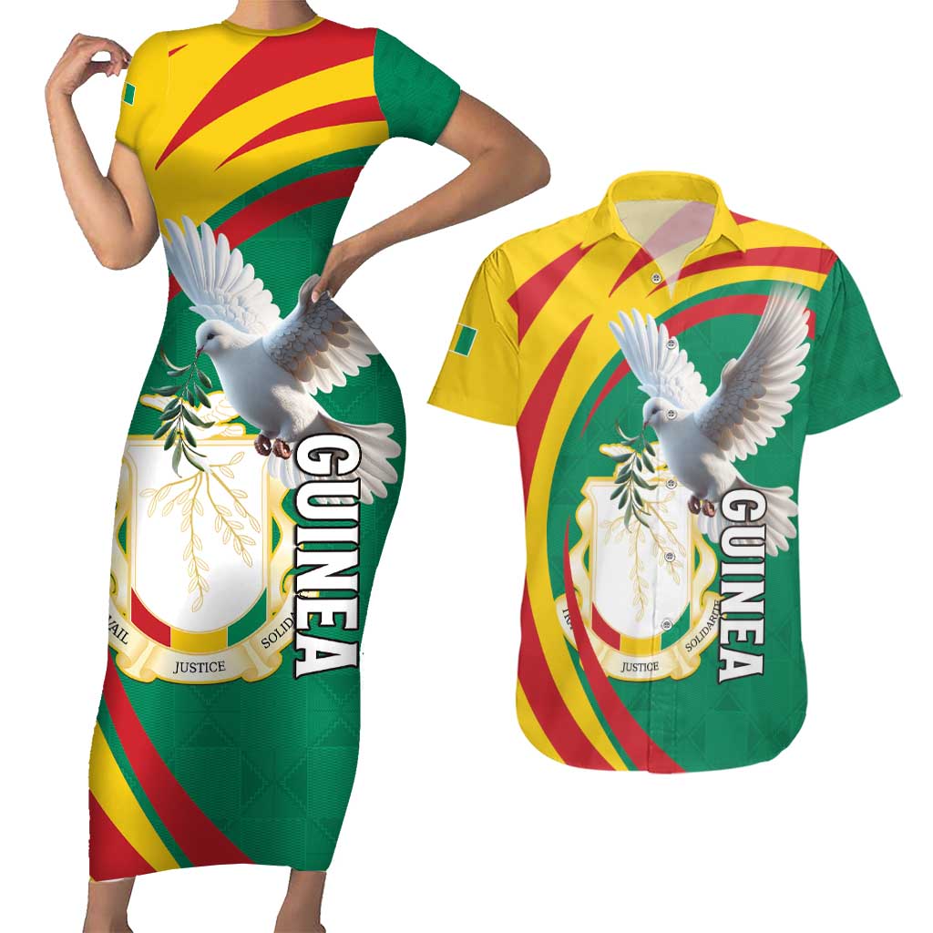 Guinea-Conakry Couples Matching Short Sleeve Bodycon Dress and Hawaiian Shirt Coat Of Arms With Pigeon