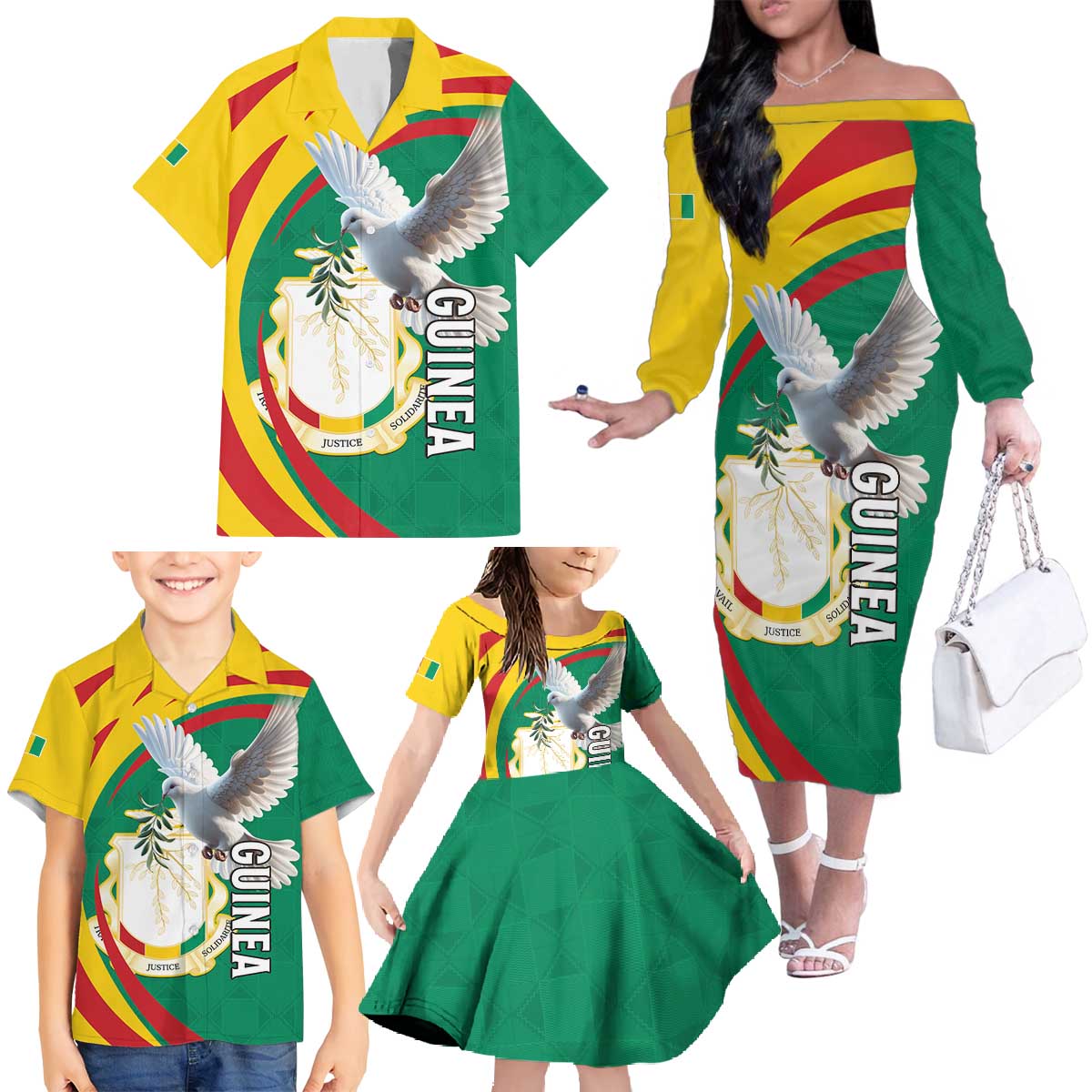 Guinea-Conakry Family Matching Off The Shoulder Long Sleeve Dress and Hawaiian Shirt Coat Of Arms With Pigeon