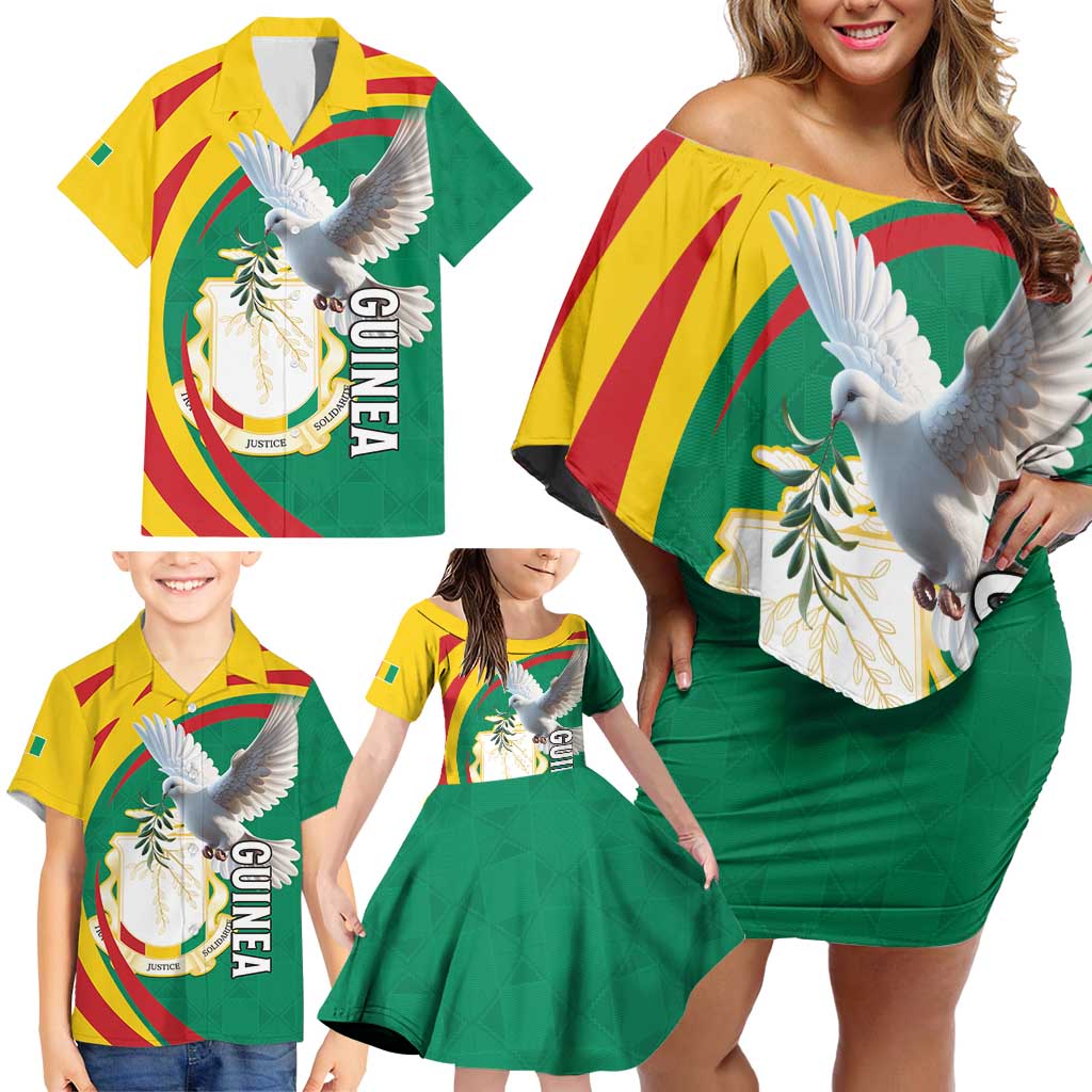 Guinea-Conakry Family Matching Off Shoulder Short Dress and Hawaiian Shirt Coat Of Arms With Pigeon