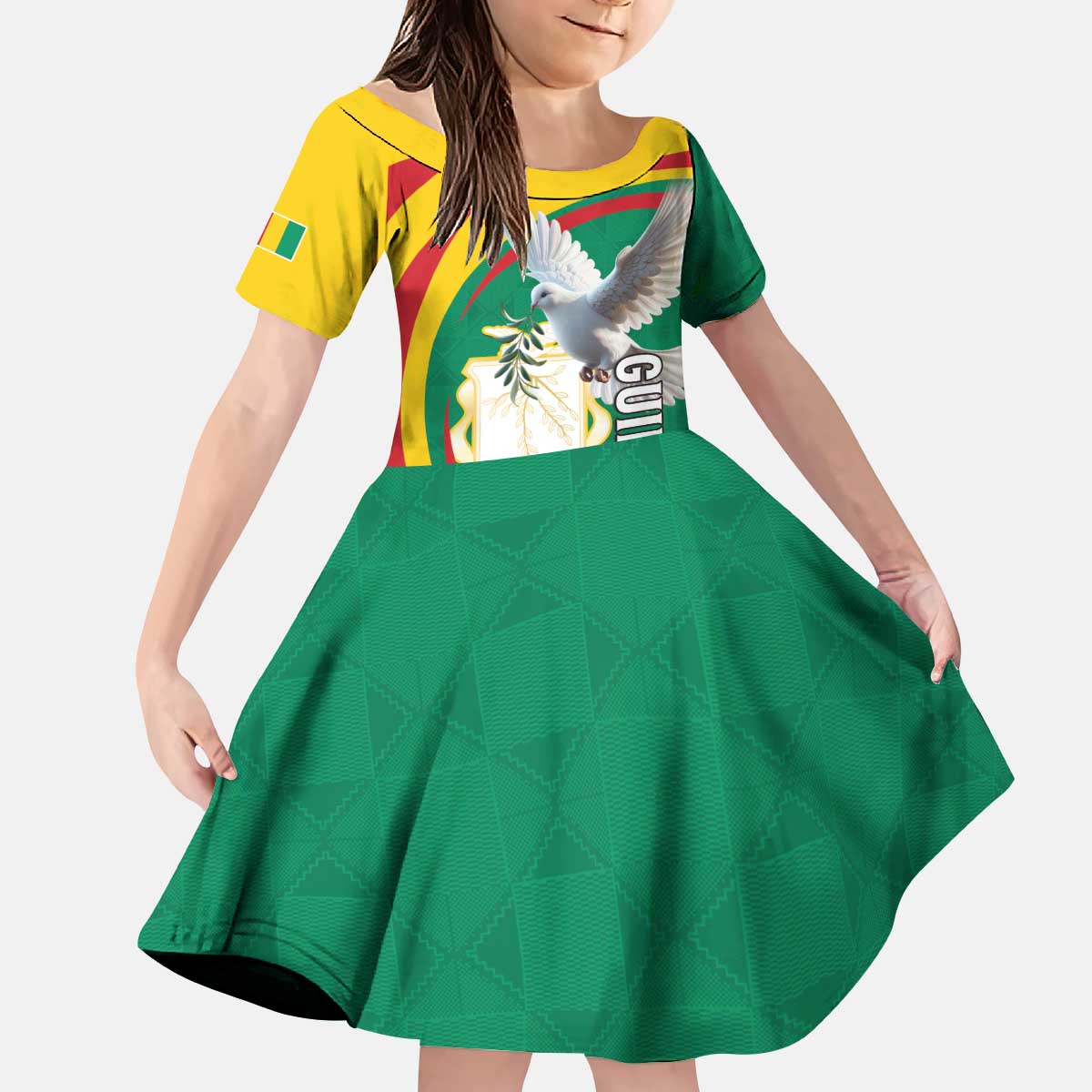 Guinea-Conakry Kid Short Sleeve Dress Coat Of Arms With Pigeon