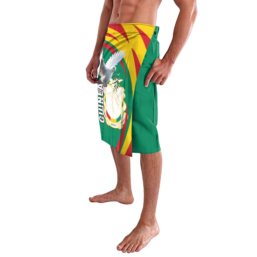 Green lavalava wrap skirt with Guinea coat of arms and white pigeon side graphic